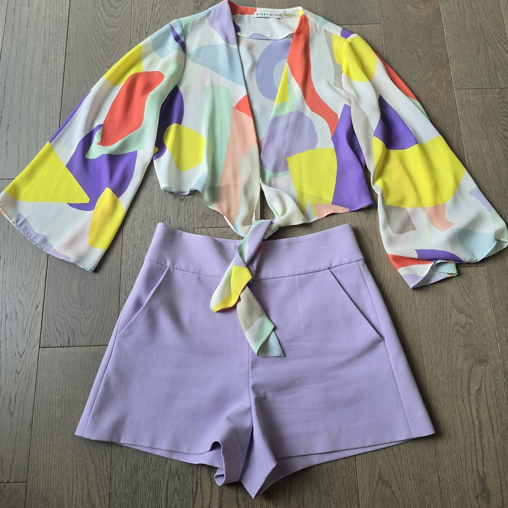 Alice + Olivia Colorful Abstract Tie-Front Blouse